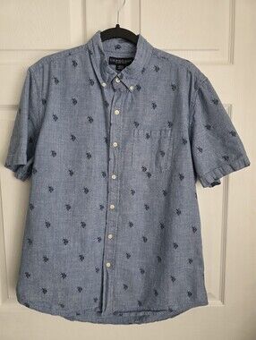 U.S. Polo Assn. Men's Chambray Blue All-Over Logo Short Sleeve Button Down L